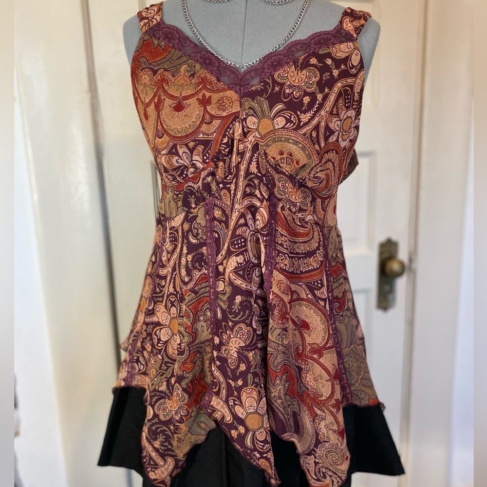 Vintage 90s Lace Paisley Tank Top Blouse w/ Hankerchief Hemline Womens Large 🏵️